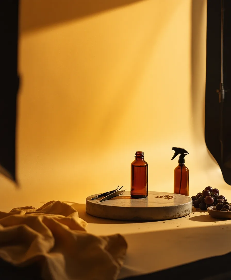 A softbox lighting a small glass bottle on a seamless backdrop in the Lumibra studio
