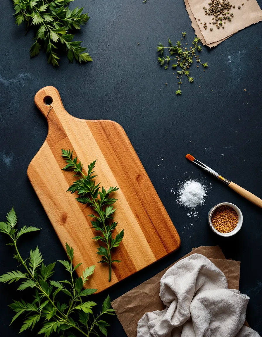 Overhead view of a styling set with props, tweezers and herbs on a dark table in the Lumibra studio