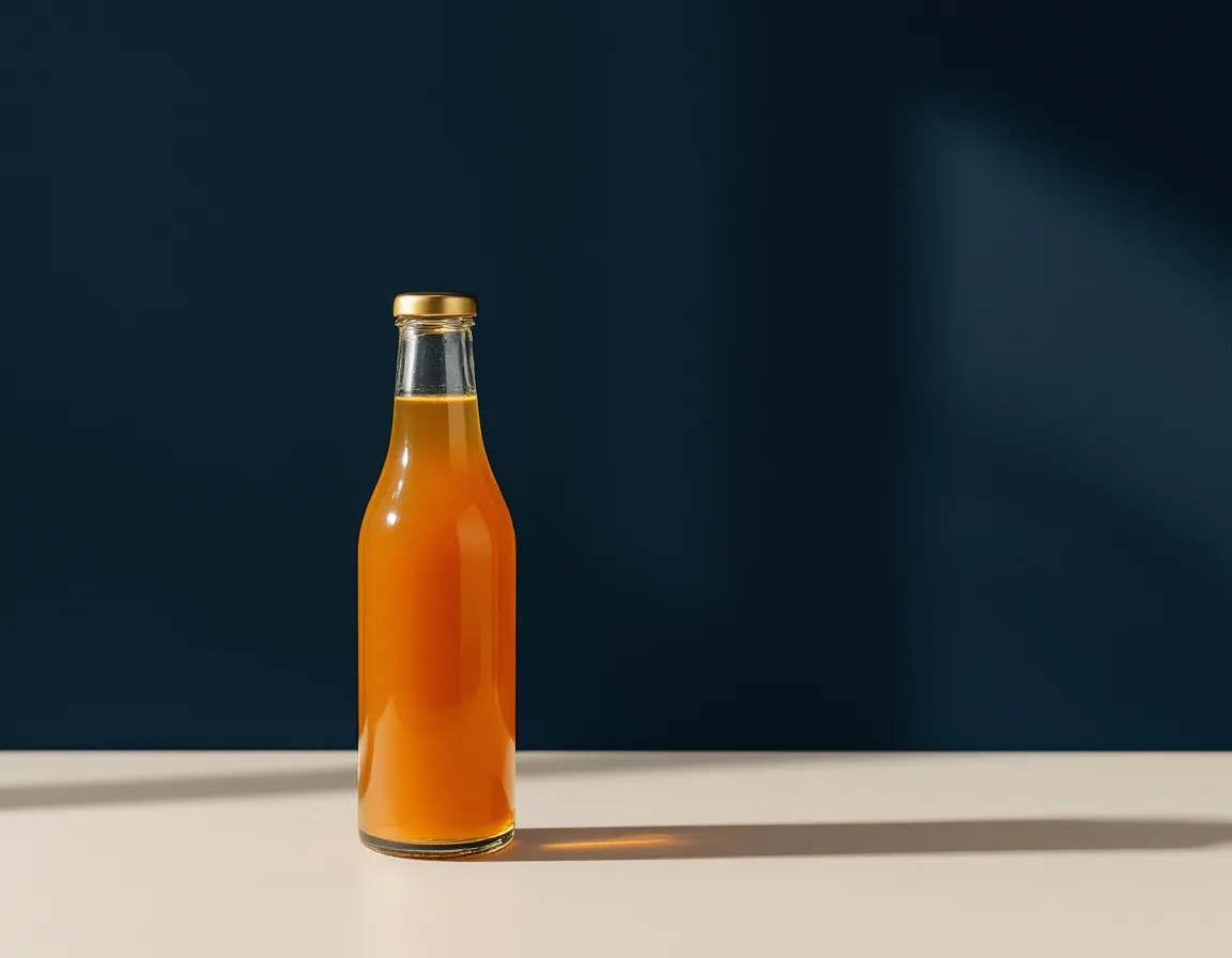 Amber glass bottle on a seamless cream backdrop under soft directional studio light